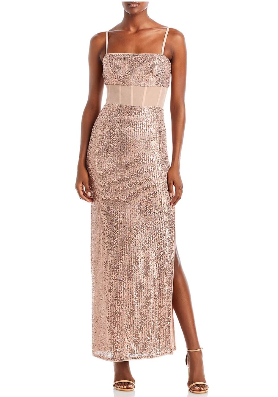BCBGMAXAZRIA Rose Gold Column Evening Gown Sequined Sleeveless Dress Size Small